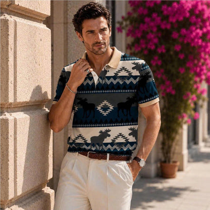Moose Polo Shirt – Southwestern Tribal Pattern, Rustic Cabin Style