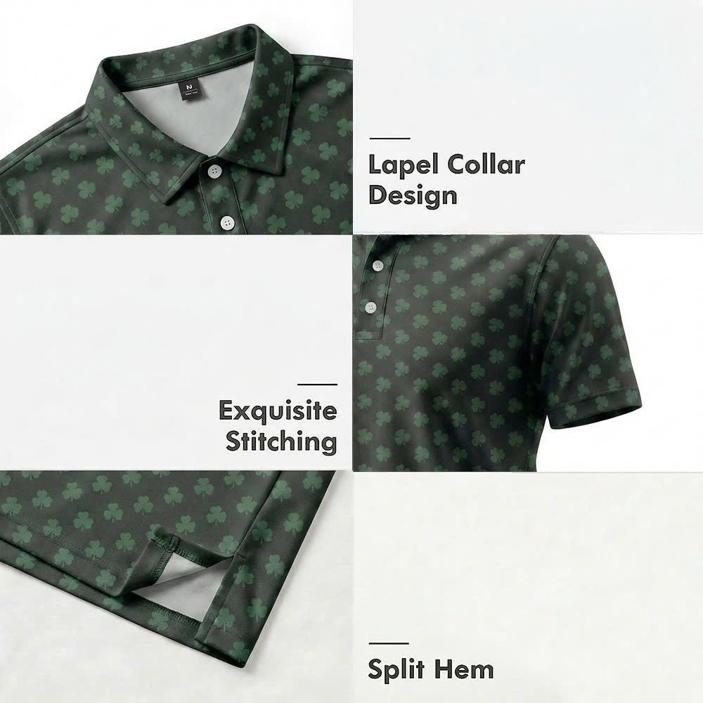 Men’s Athletic Golf Polo 09 – Green Shamrock Clover Pattern Polo Shirt