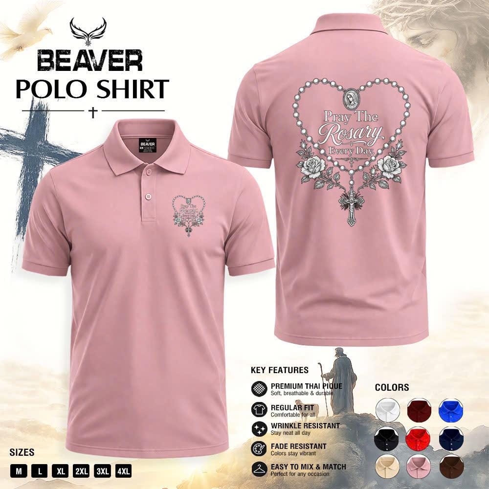 Pray The Rosary Every Day Polo Shirt, Sacred Rosary Heart Design, Men's Vintage Casual Top