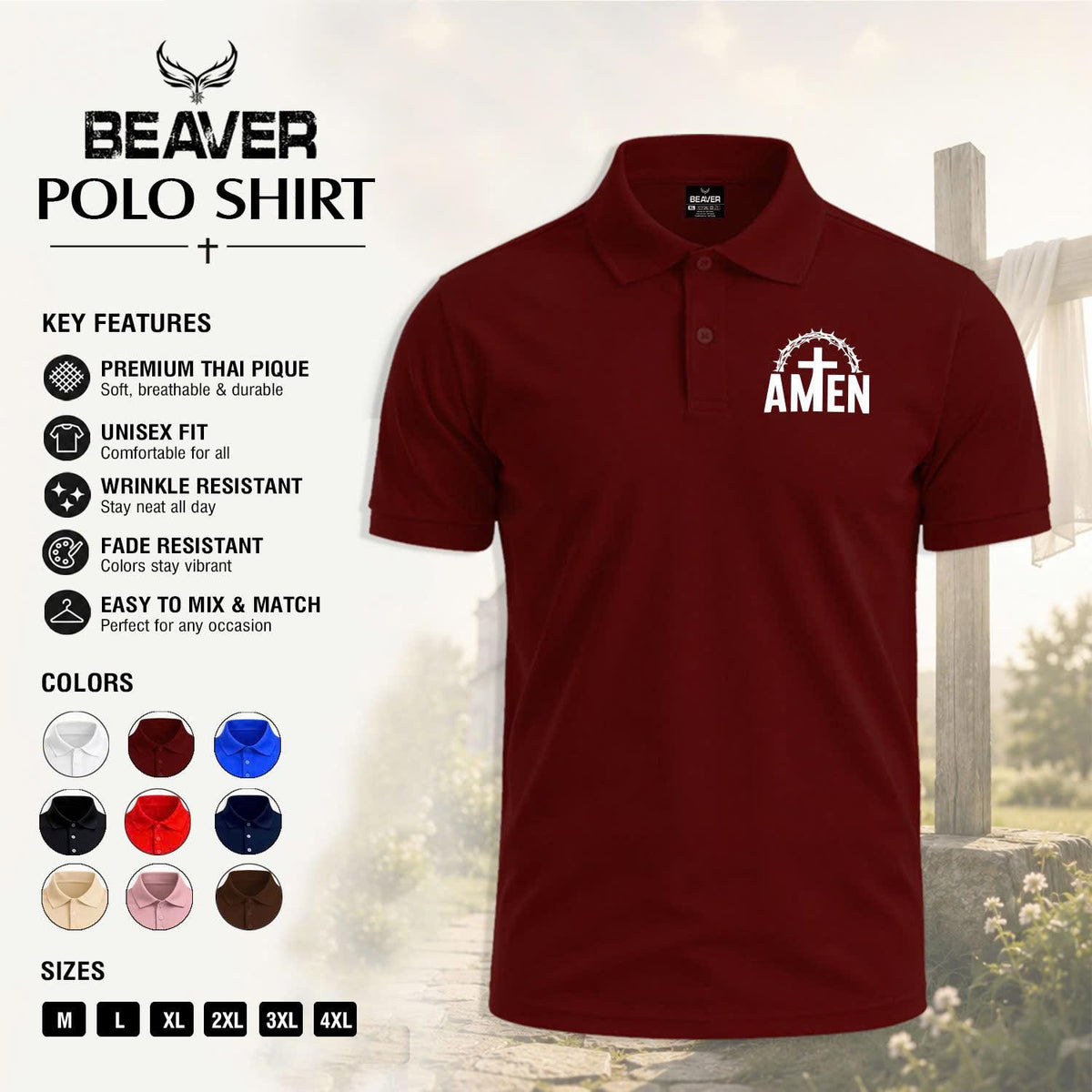 Amen Cross Graphic Polo Shirt, Crown of Thorns Design, Men's Casual Short Sleeve Top