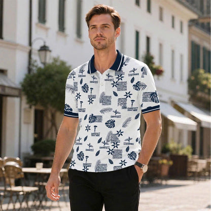 Tropical Print Polo Shirt, Surf Style Pattern, Beach Summer Top