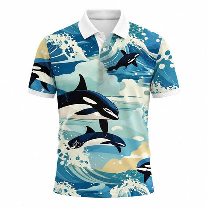 Orca Polo Shirt – Killer Whale Ocean Wave Print Hawaiian Beach Polo Top