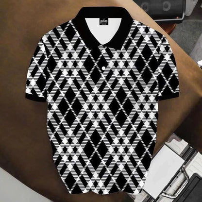 Black & White Argyle Polo Shirt, Geometric Plaid Print, Casual Short Sleeve Collared Shirt