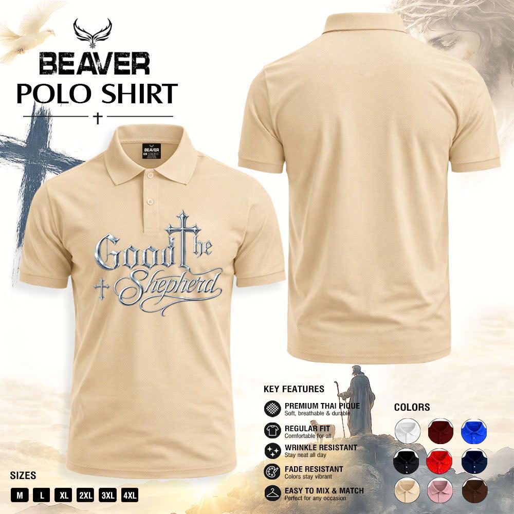 Good Shepherd Polo Shirt, Silver Cross Design, Men's Religious Golf Shirt
