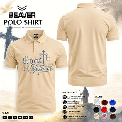 Good Shepherd Polo Shirt, Silver Cross Design, Men's Religious Golf Shirt