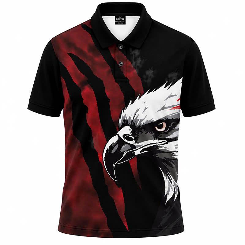 Bald Eagle Graphic Polo Shirt, Red Claw Mark Print, Casual Short Sleeve Collared Shirt