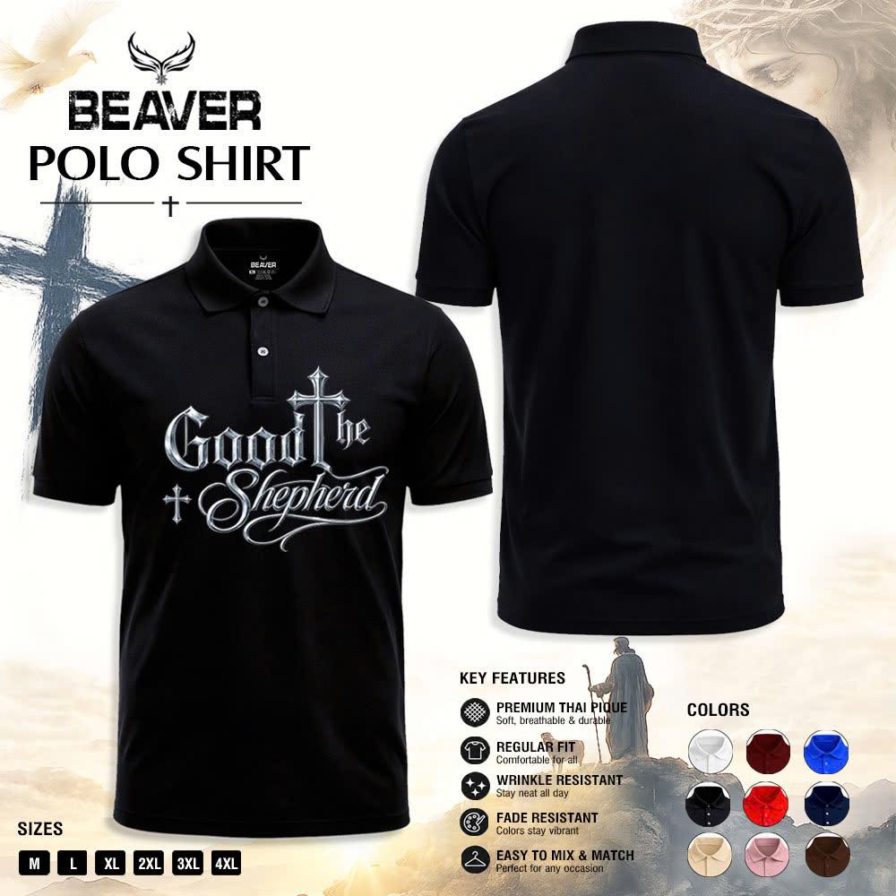 Good Shepherd Polo Shirt, Silver Cross Design, Men's Religious Golf Shirt