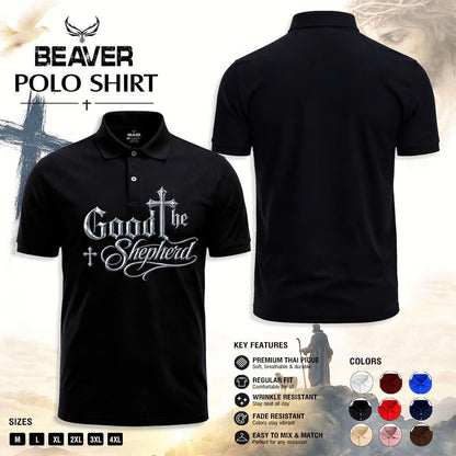 Good Shepherd Polo Shirt, Silver Cross Design, Men's Religious Golf Shirt