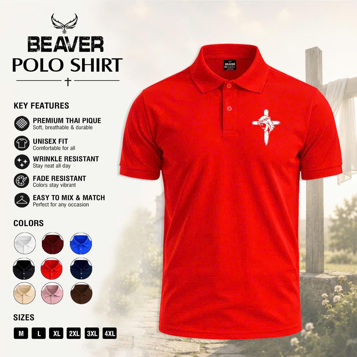 Cross Portrait Graphic Polo Shirt, Vintage Cross Design, Men's Casual Short Sleeve Top