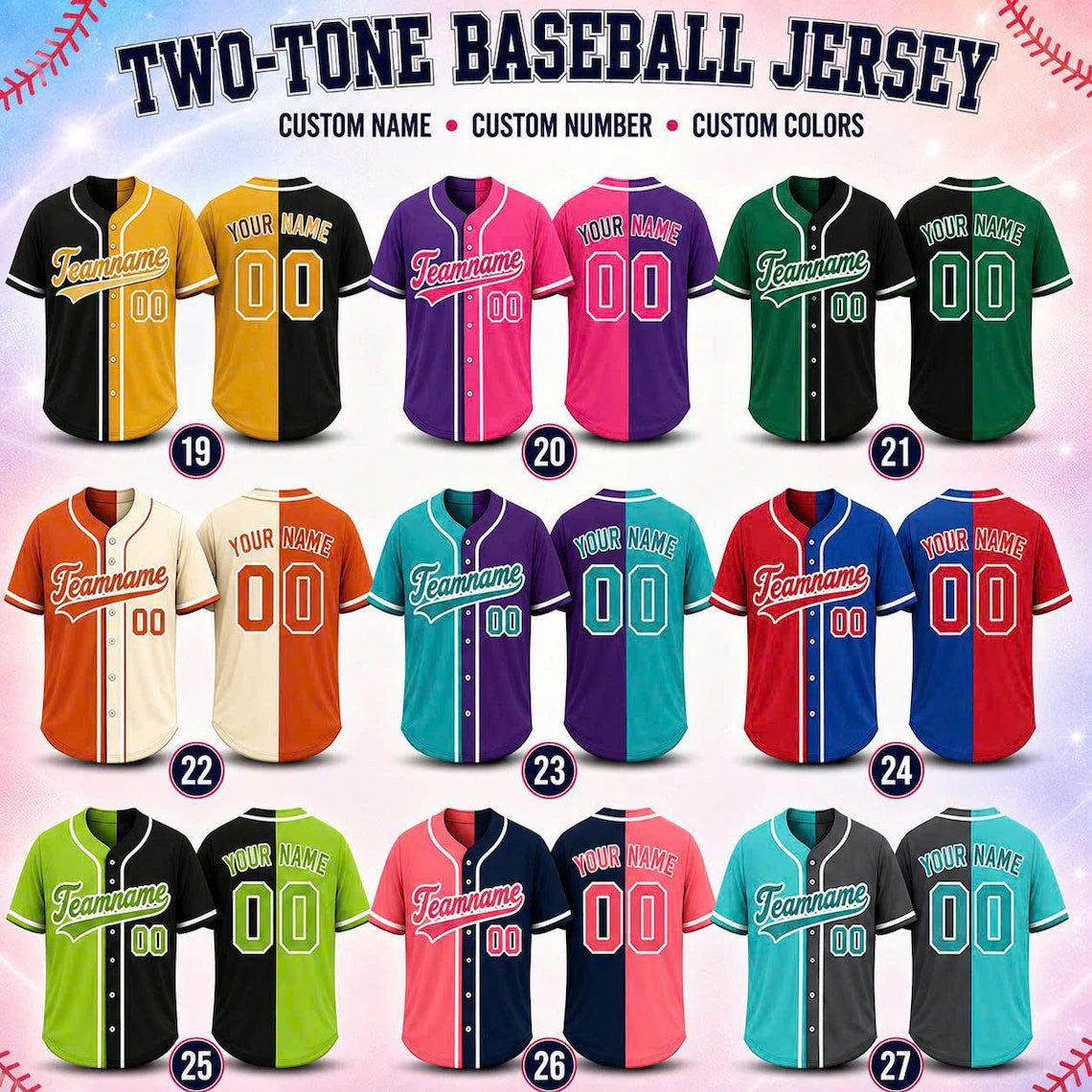 Custom Ombre Baseball Jersey, Personalized Name & Number, Mix Match Colors, Team Uniform