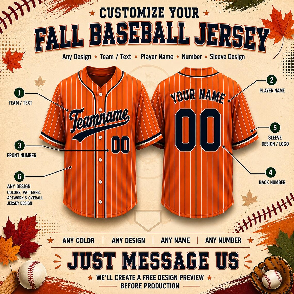 Custom Fall Baseball Jersey, Personalized Name & Number, Autumn Sports Shirt, Team Gift