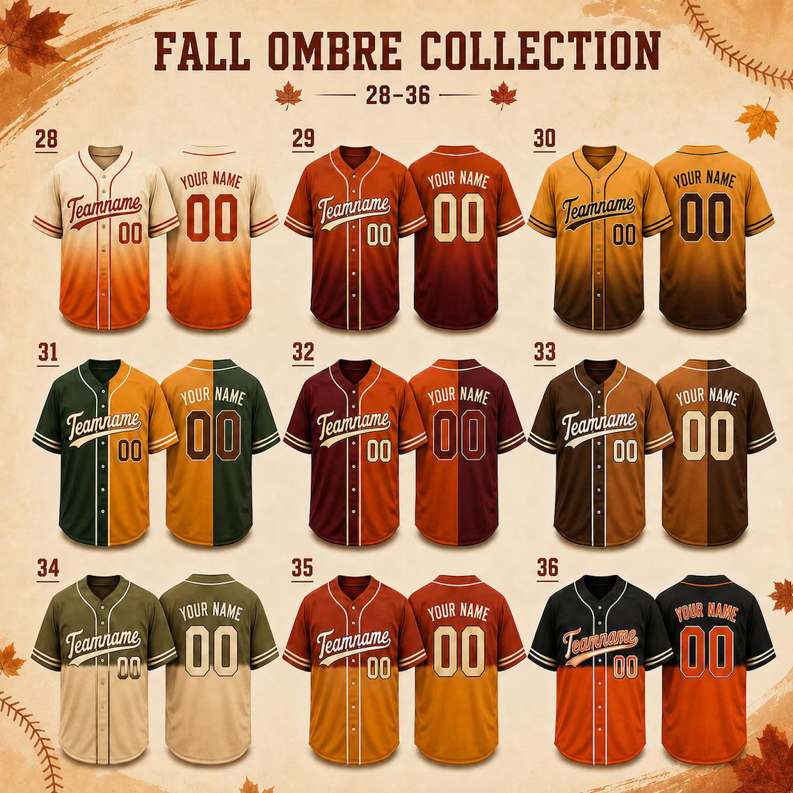 Custom Fall Baseball Jersey, Personalized Name & Number, Autumn Sports Shirt, Team Gift