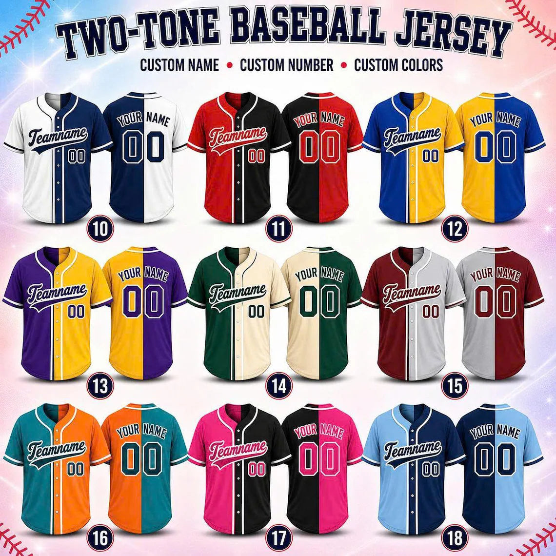 Custom Ombre Baseball Jersey, Personalized Name & Number, Mix Match Colors, Team Uniform