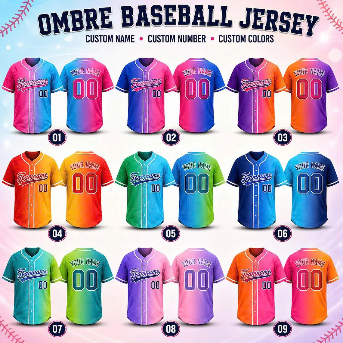Custom Ombre Baseball Jersey, Personalized Name & Number, Mix Match Colors, Team Uniform