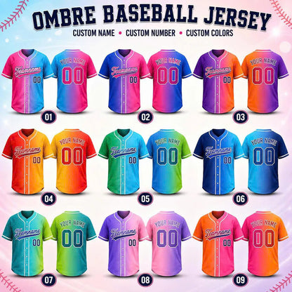 Custom Ombre Baseball Jersey, Personalized Name & Number, Mix Match Colors, Team Uniform