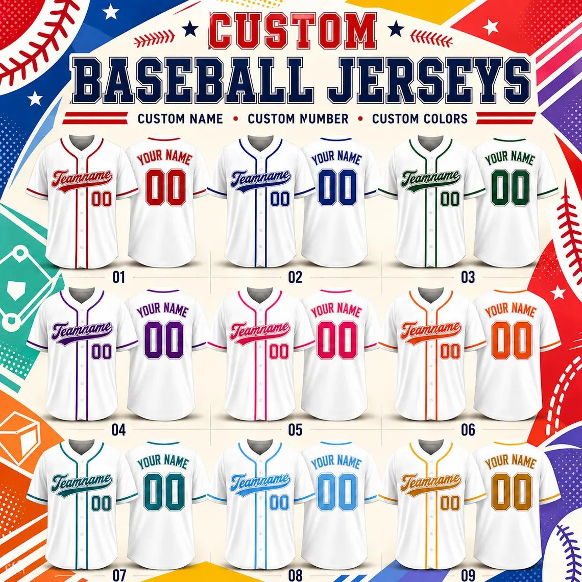 Custom Baseball Jersey, Personalized Name & Number, Team Uniform, Choose Your Colors, Sports Gift