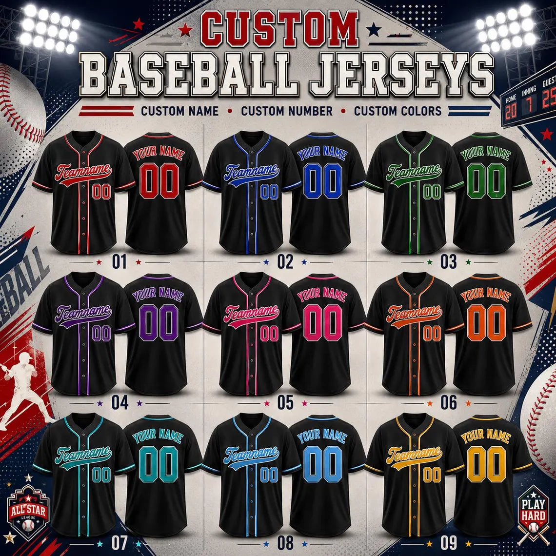 Custom Baseball Jersey, Personalized Name & Number, Team Uniform, Choose Your Colors, Sports Gift