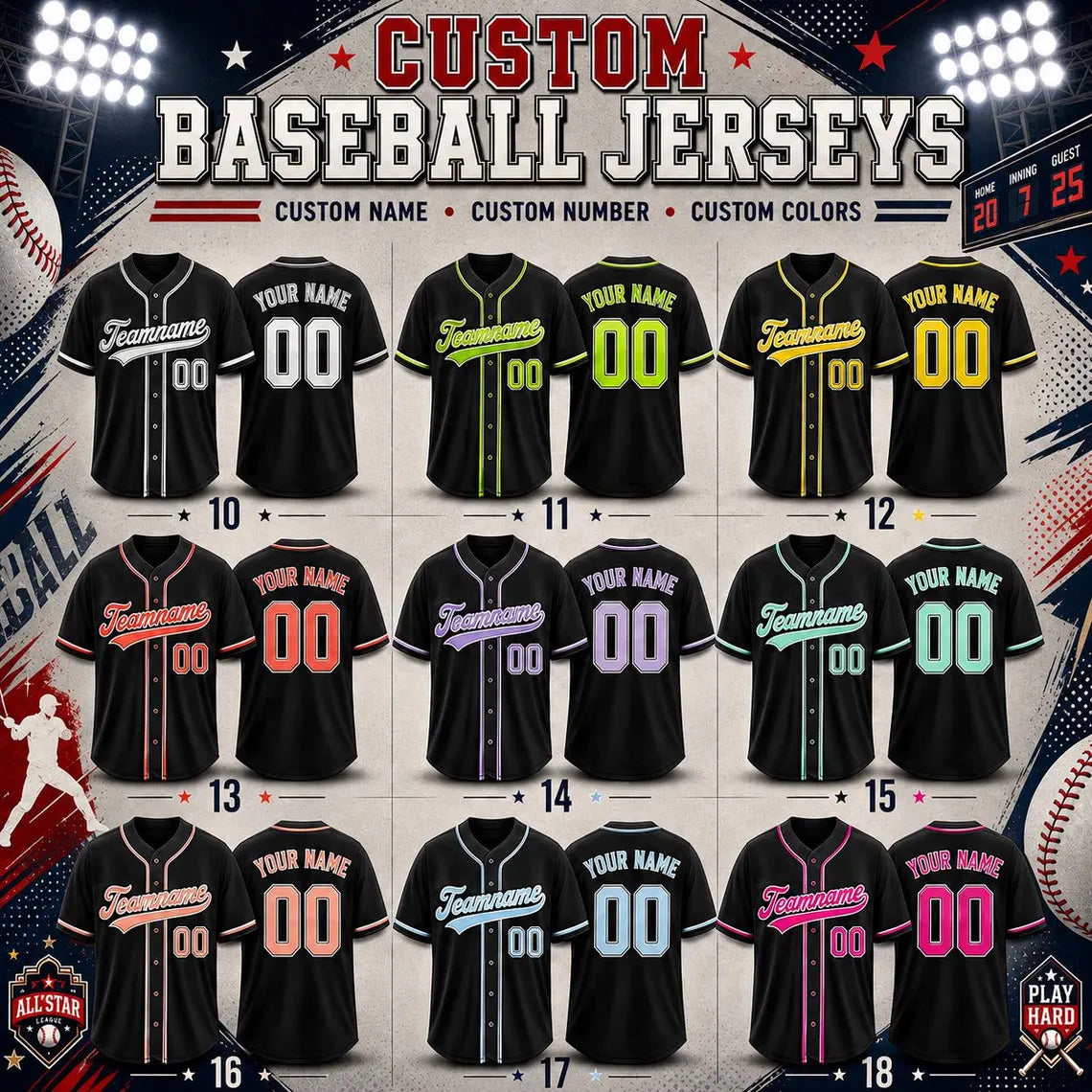 Custom Baseball Jersey, Personalized Name & Number, Team Uniform, Choose Your Colors, Sports Gift