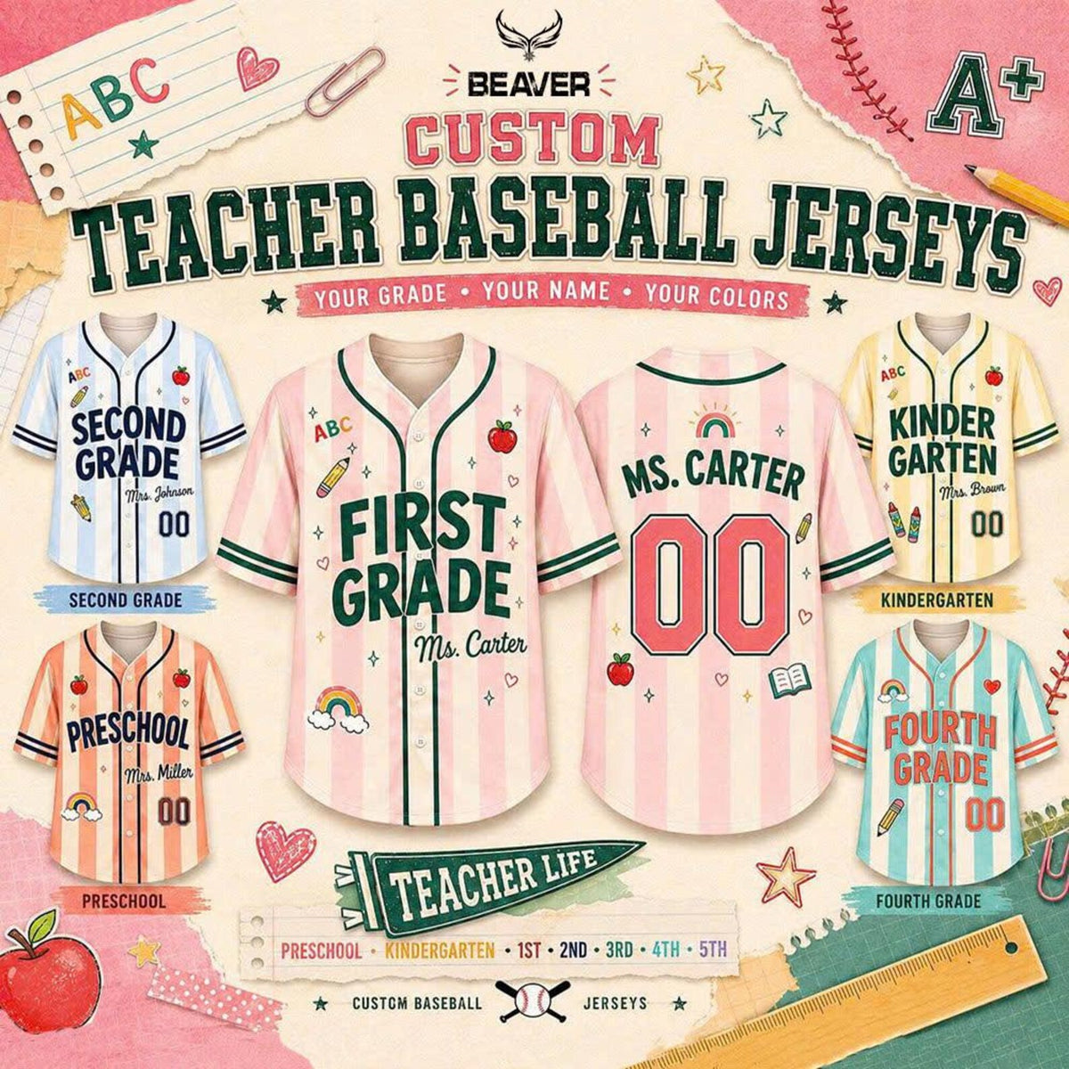 Personalized Teacher Baseball Jersey, Custom Name & Number, Grade Level Shirt, Back to School Gift