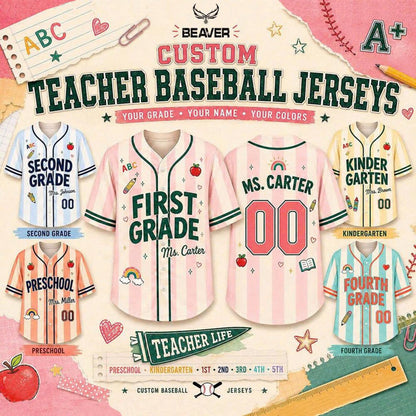 Personalized Teacher Baseball Jersey, Custom Name & Number, Grade Level Shirt, Back to School Gift