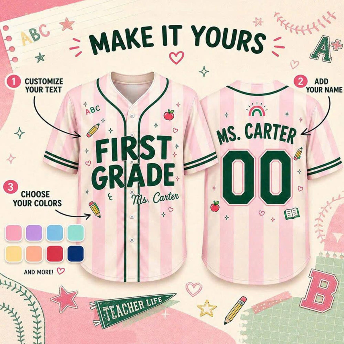 Personalized Teacher Baseball Jersey, Custom Name & Number, Grade Level Shirt, Back to School Gift
