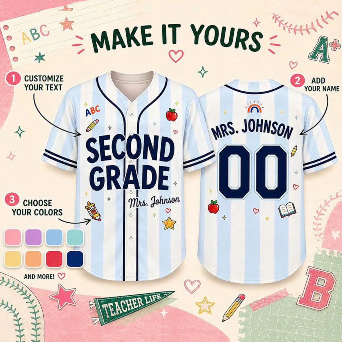 Personalized Teacher Baseball Jersey, Custom Name & Number, Grade Level Shirt, Back to School Gift