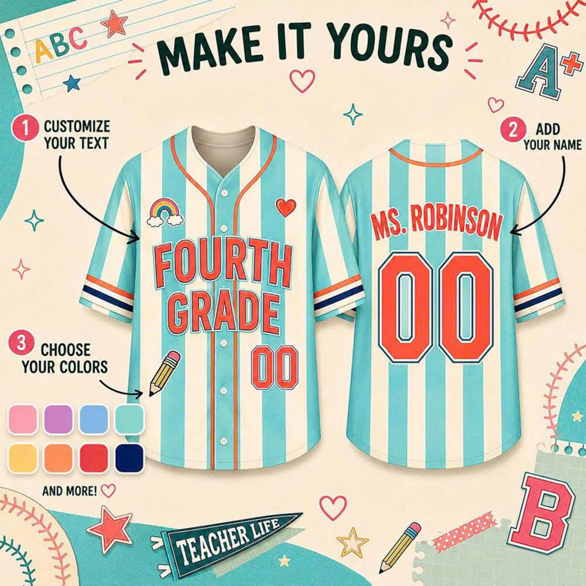 Personalized Teacher Baseball Jersey, Custom Name & Number, Grade Level Shirt, Back to School Gift