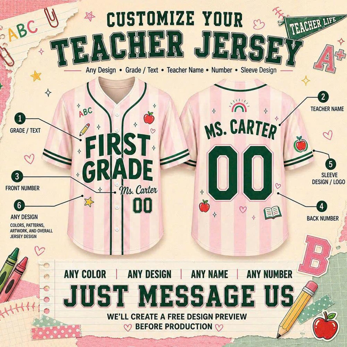 Personalized Teacher Baseball Jersey, Custom Name & Number, Grade Level Shirt, Back to School Gift